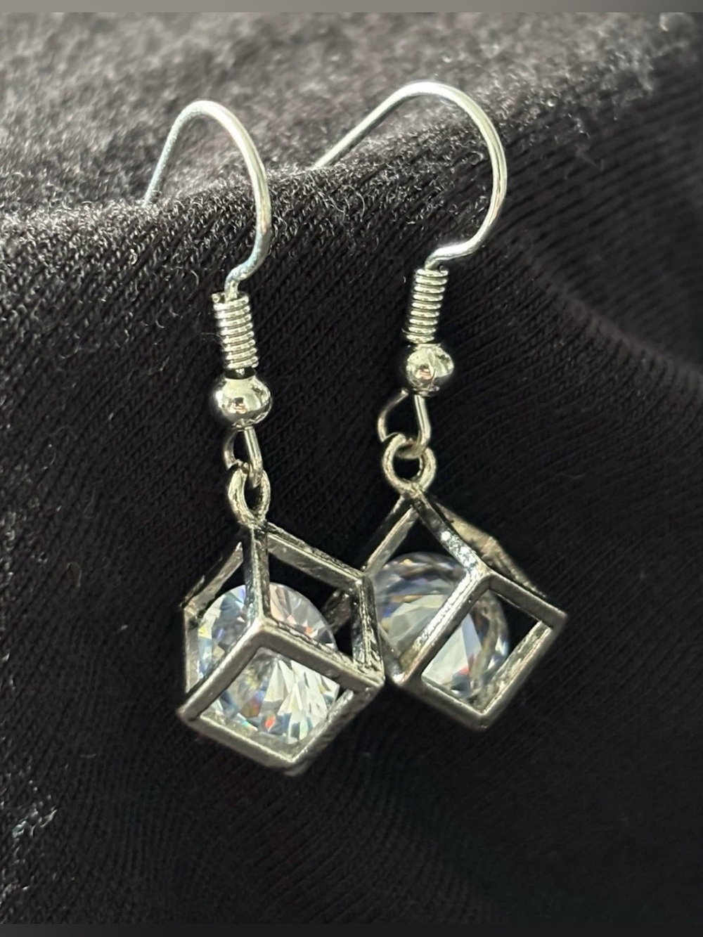 Silver Tone Cube Cage Drop Earrings with Faux Clear Crystal Womens Jewelry